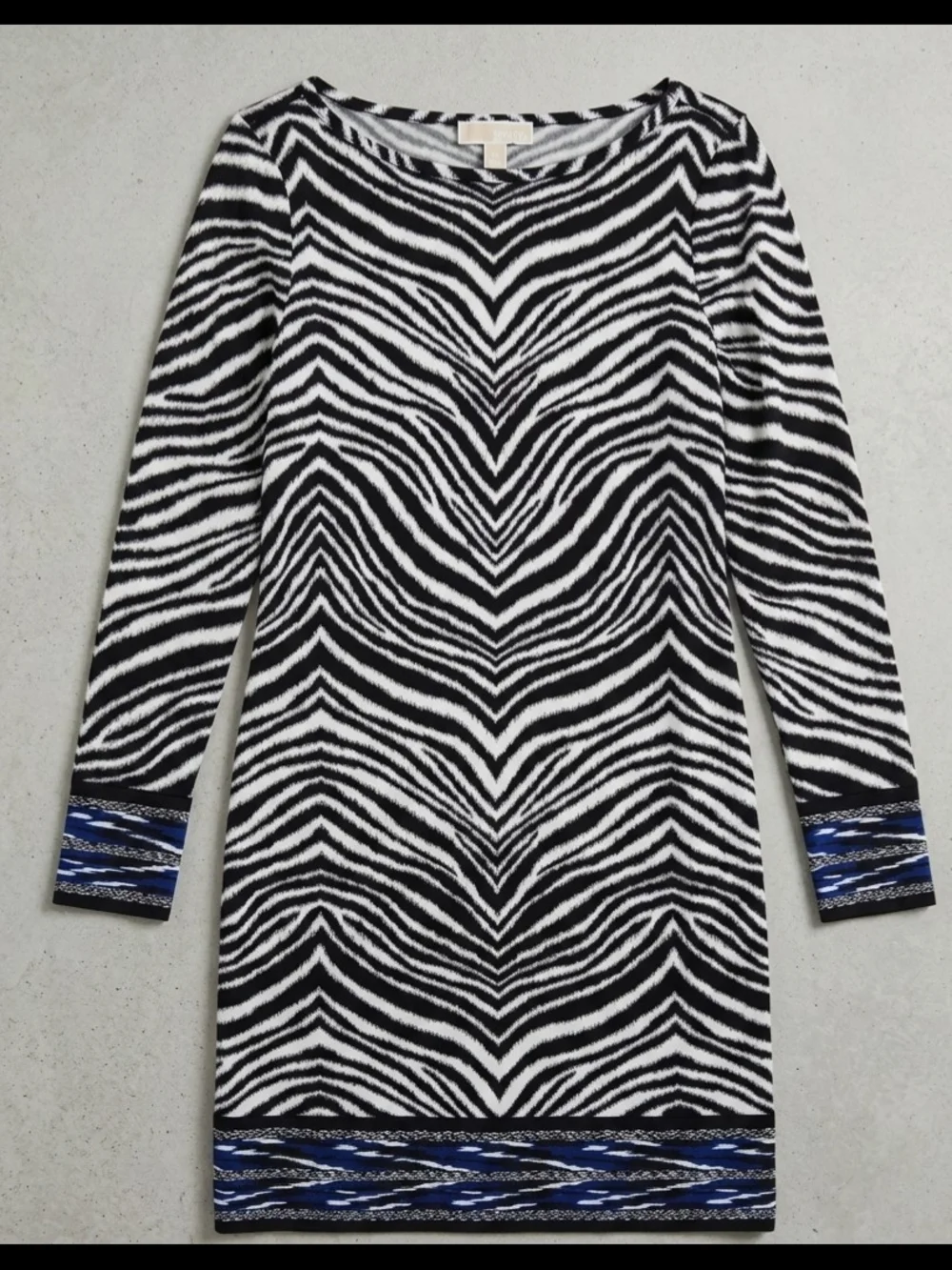 Michael Kors Black and White Zebra Print Long Sleeve Dress with Blue Trim